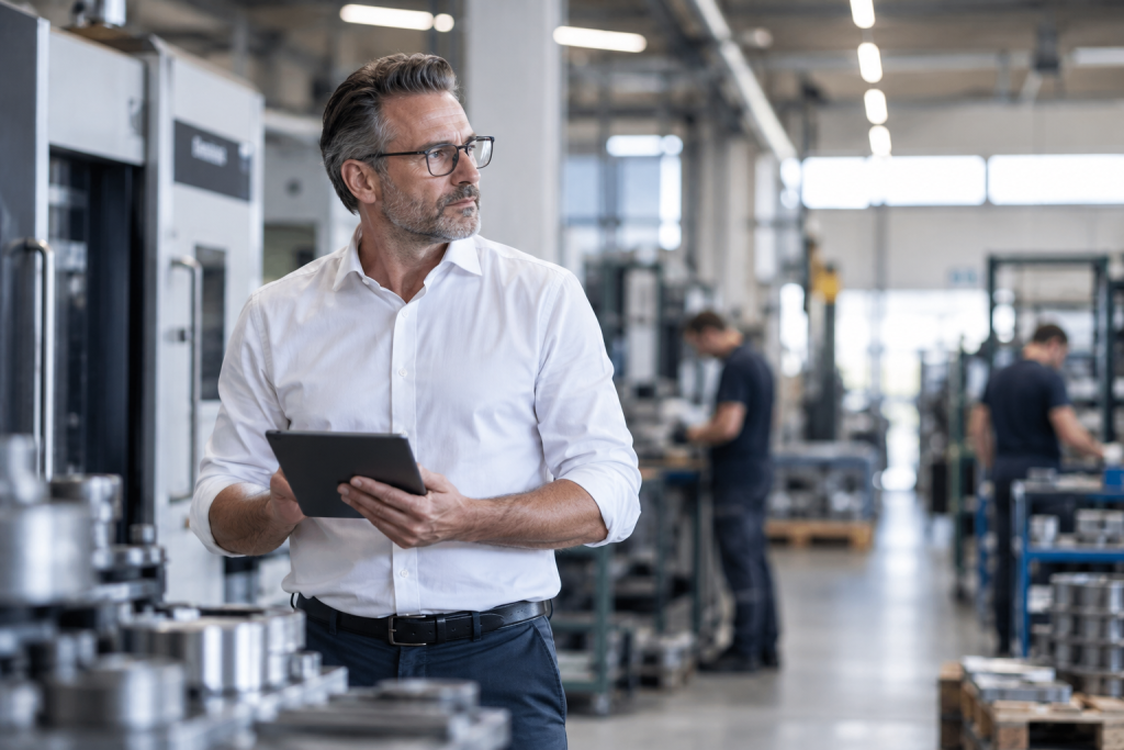 Unternehmer analysiert Ertragskraft und Kostenentwicklung im Produktionsunternehmen
